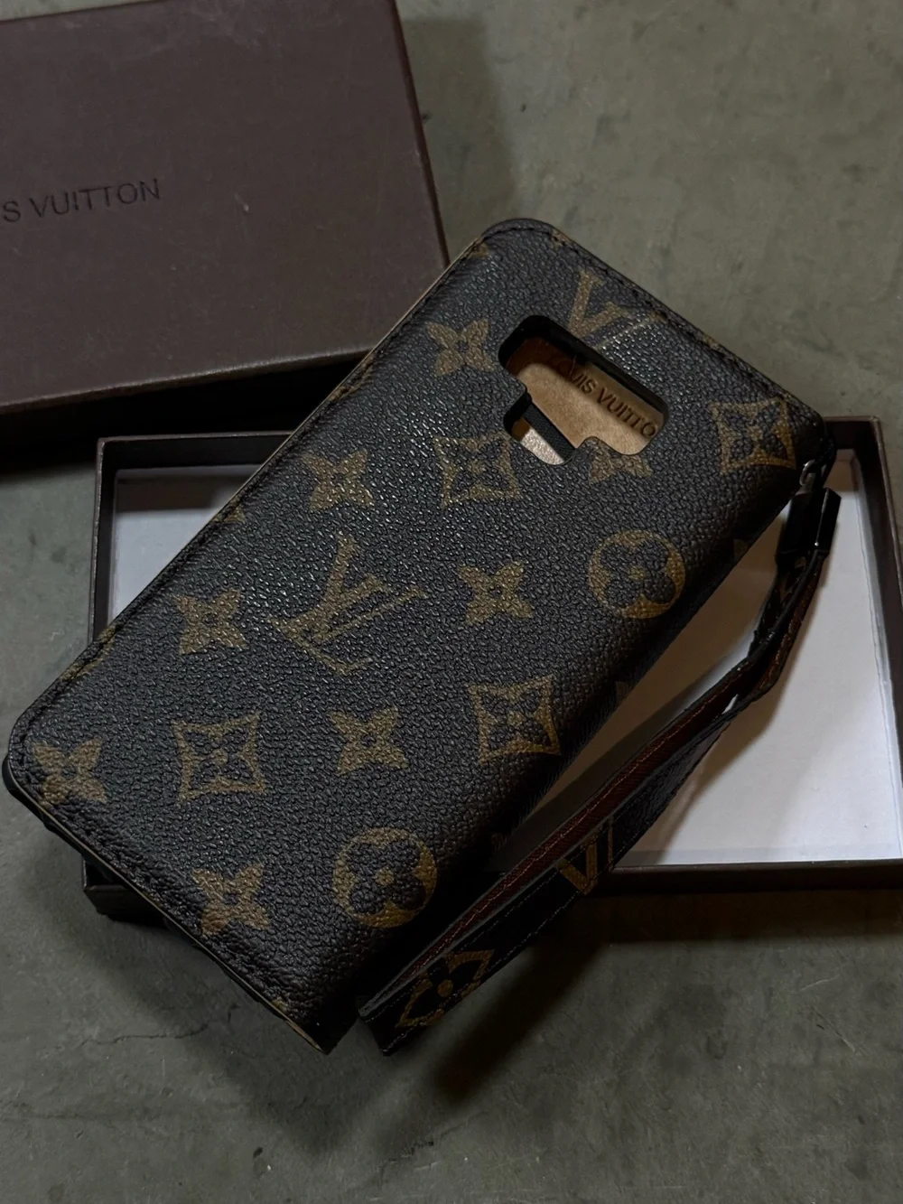 Louis Vuitton Monogram Style Wallet Phone Case Brown Folio Wrist Strap w/ Box
